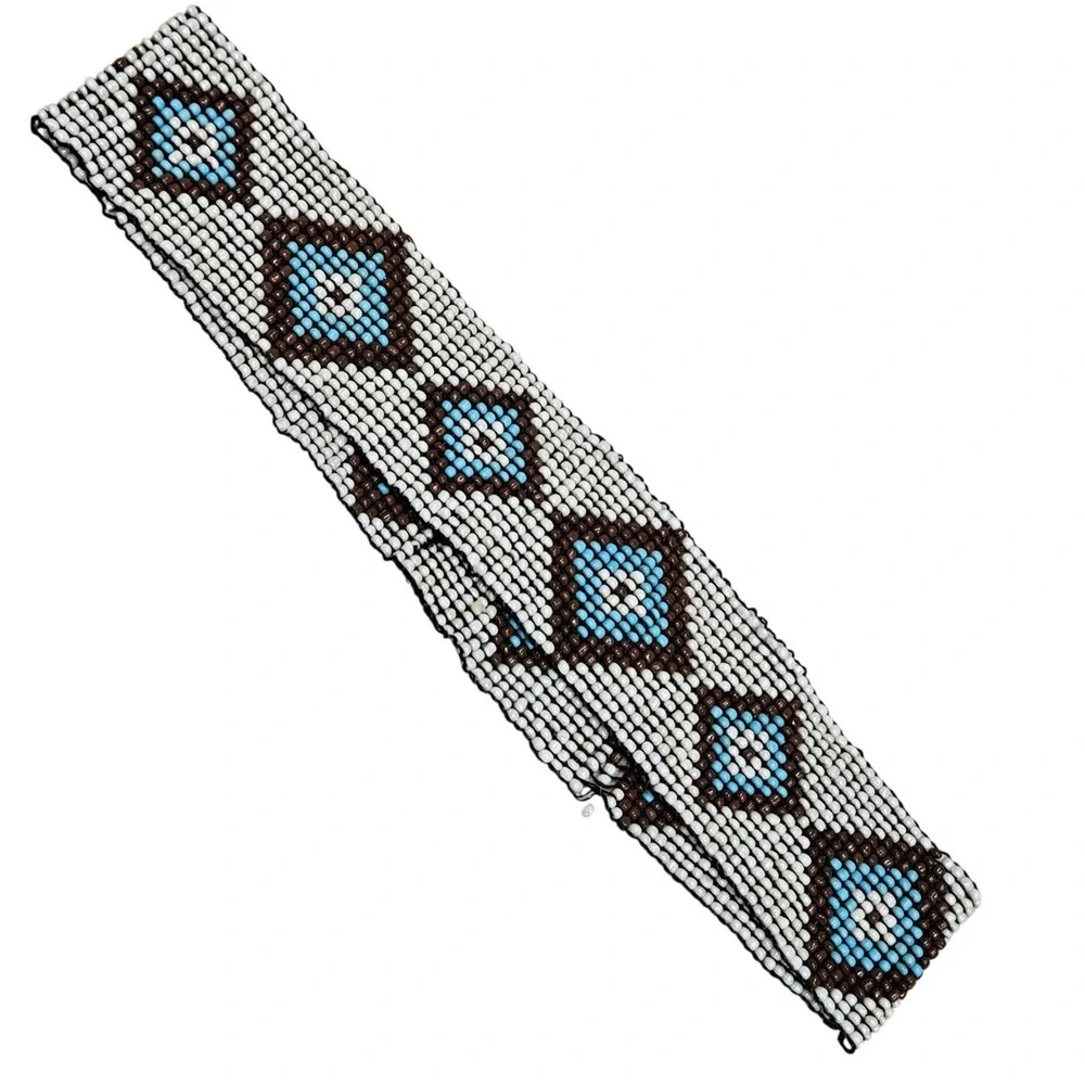 Handmade Beaded Belt White Blue Brown Diamond Boho Southwestern 15